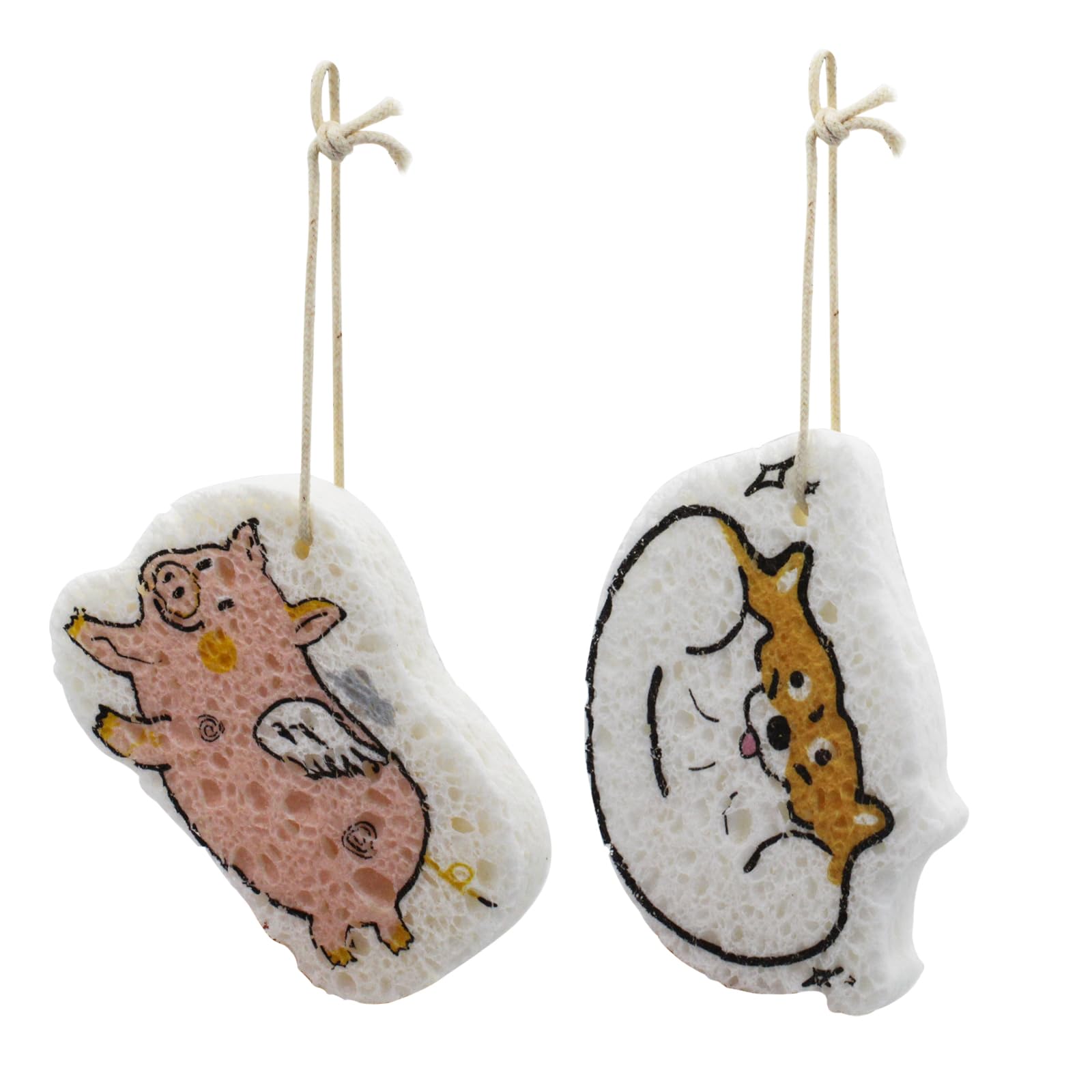 WisePoint Compressed Dish Sponge 2pcs, Cellulose Cleaning Sponges for Dishes, Non-Scratch Kitchen Sponge Dual Sided Scrub Sponges for Cookware, Household, Bathroom (dog+pig)