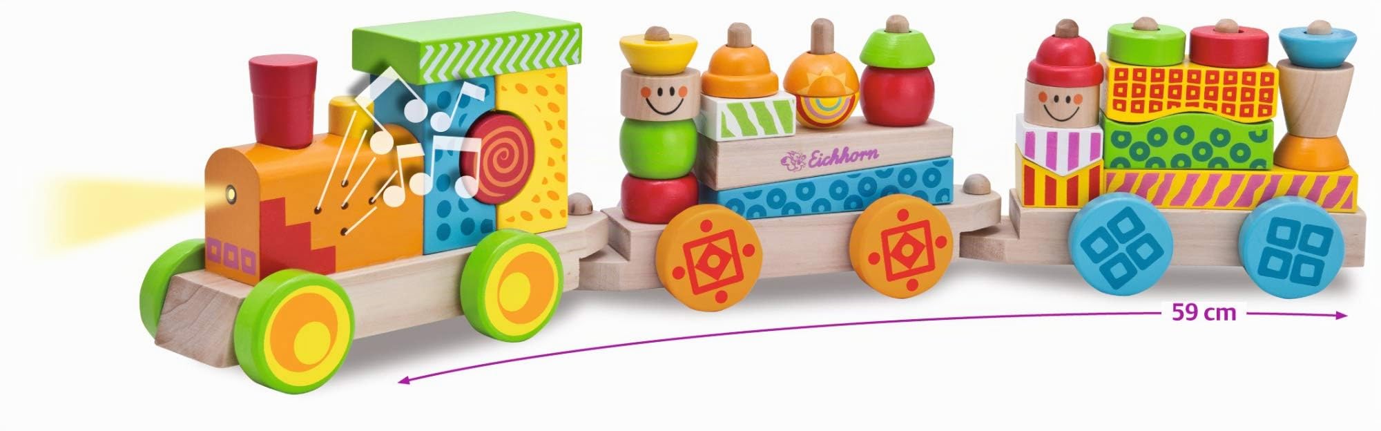 Eichhorn 100002236 - Trenino in Legno Colorato con Luci e Suoni, Completo di Formine Impilabili, 59 cm