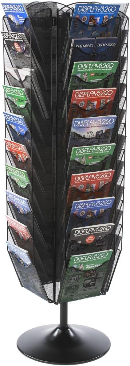 Displays2go Rotating Magazine Rack, 40 Pockets with Dividers, Rotating (Black Steel)