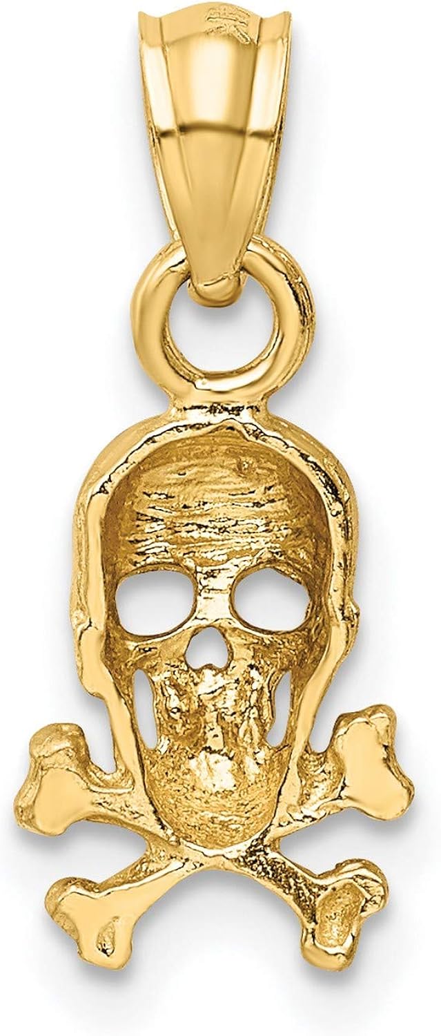 Vista 3 de Colgante de calavera y huesos cruzados de oro amarillo de 14 quilates, acabado satinado, 0.748in x 0.315in