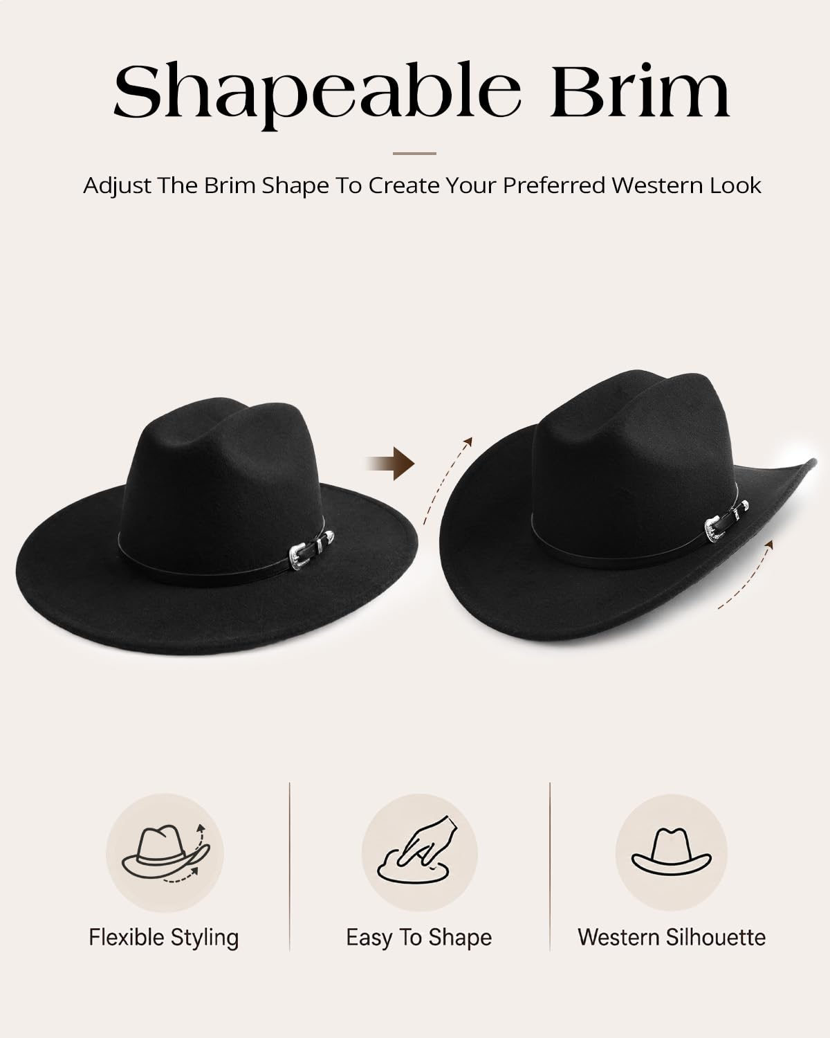 Zylioo S/M/L/XL/XXL, cappello da cowboy in feltro, per uomo e donna | Cappello classico a tesa larga con fibbia per cintura