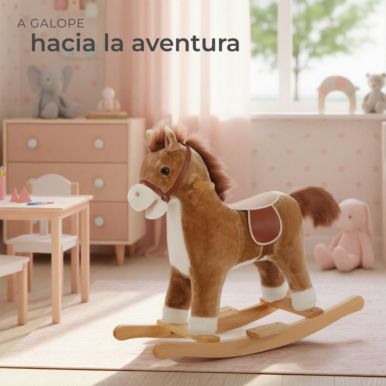 tectake® Caballo Balancin con 2 Efectos de Sonido, Estructura de Acero y Felpa Suave, Balancin Bebe, Caballo Juguete, Animales de Juguete, Juguetes Niño, Niños - Marrón