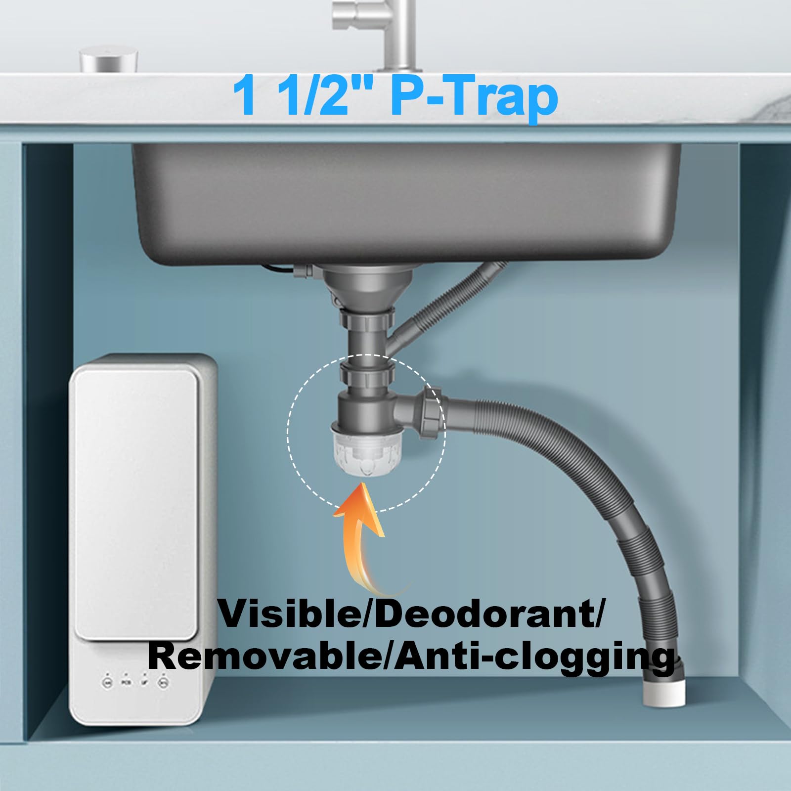 Trampa para fregadero de 1 1/2 pulgadas, válvula de drenaje visible, extraíble, fácil de limpiar, adecuada para cocina, baño, accesorios de tubería de drenaje de fregadero de eliminación de