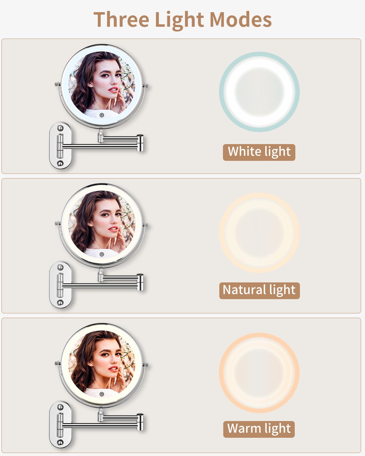 jutyum Lusterko kosmetyczne z oświetleniem LED, obracane o 360°, montaż ścienny, lustro do makijażu do łazienki, z oświetleniem 1x/10x, z oświetleniem, 3 kolory światła