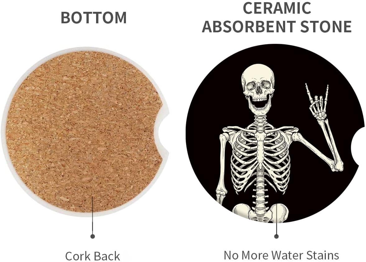 Britimes Absorbent Car Coasters 2 Pack for Cup Holders, 2.56" Ceramic Stone & Non-Scratch Cork Base Drink Coasters Human Skeleton - Image 2