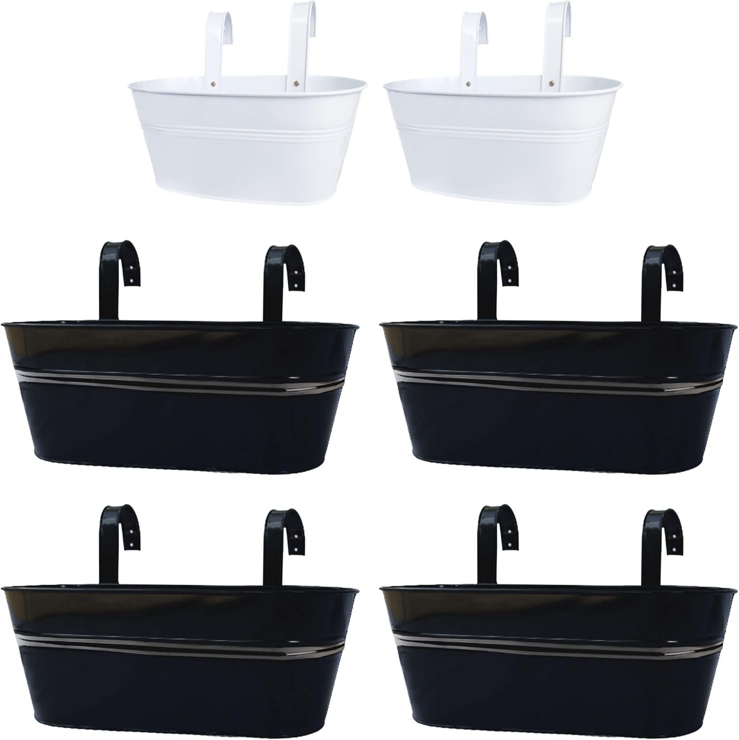 LaLaGreen Bundle- 2 Pack, 9.8 Inch White Metal Pot + 4 Pack, 17 Inch Black Metal Pot Window Hanging Fence Flower Boxes Rail Deck Patio Porch Flower Bucket Outdoor Decor Boho Style Garden Balcony Home