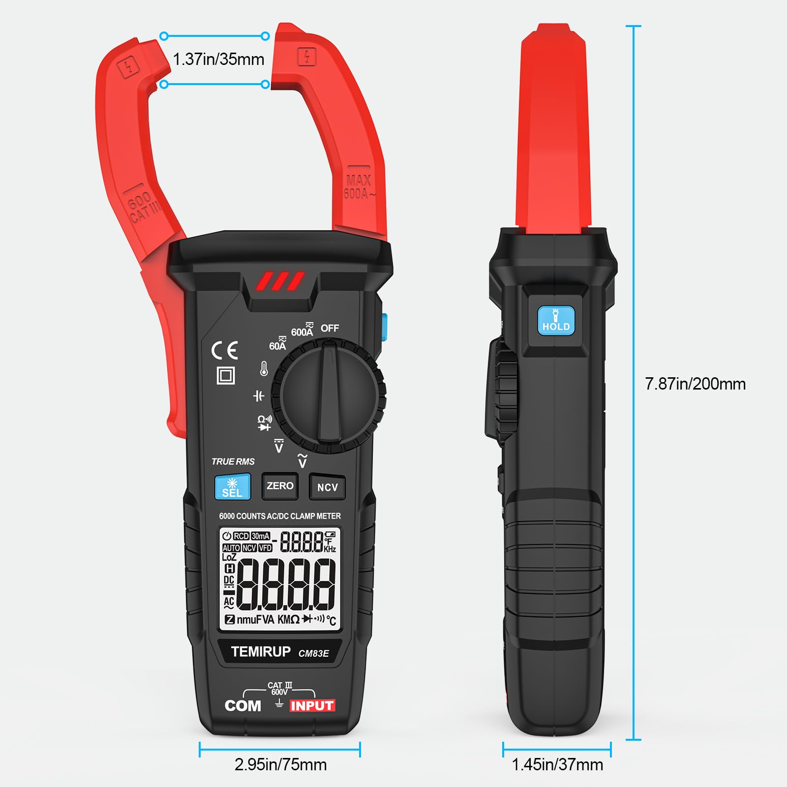 Digital Clamp Meter Multimeter, TRMS 6000 Counts 600A Current Amp Volt Meter, Auto-Ranging Voltage Tester Measures AC DC Current Voltage Resistance Capacitance Temperature Diodes Continuity NCV — Amazon image 8
