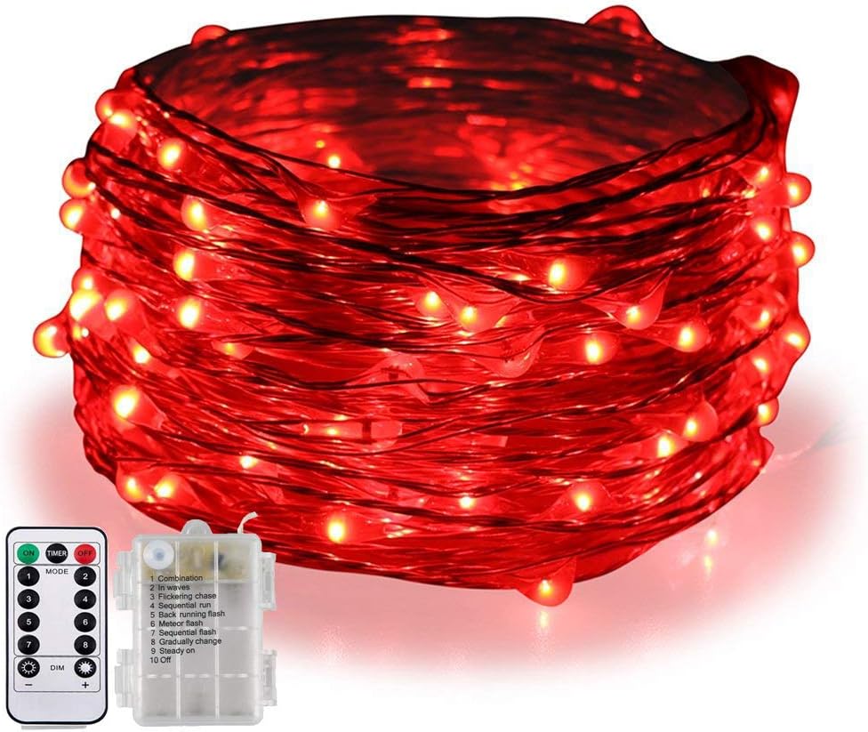 BOLWEO 5M/16.4Ft 50LEDs Battery Operated LED String Lights,Remote/Dimmable/Timer,Waterproof Copper Wire Fairy Lights for Indoor Outdoor Party Wedding Christmas Halloween Valentines Day Decoration,Red