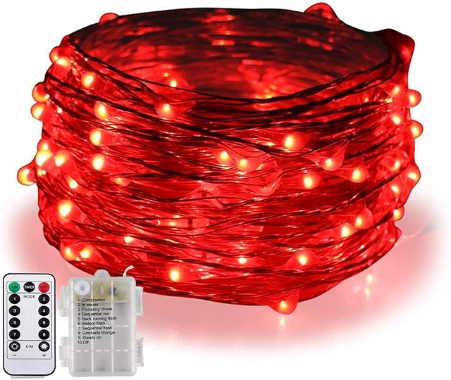 BOLWEO 5M/16.4Ft 50LEDs Battery Operated LED String Lights,Remote/Dimmable/Timer,Waterproof Copper Wire Fairy Lights for Indoor Outdoor Party Wedding Christmas Halloween Valentines Day Decoration ,Red
