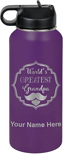 Miniatura 40 de LaserGram Botella de agua con tapa abatible de doble pared de 32 onzas con pajilla, grabado personalizado incluido (negro) Negro -,verde (camo