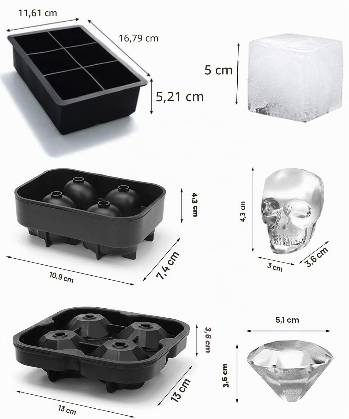 Bandejas de Cubitos de Hielo, Molde Para Hielo Esferas Y Cubos Grandes con Tapa, 4 Piezas