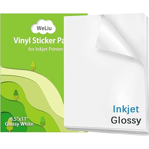 Printable Vinyl Sticker Paper for Inkjet and Laser Printer - Glossy White - 21 Waterproof Decal Paper Self-Adhesive Sheets 8.5"x11"- Dries Quickly and Holds Ink Beautifully