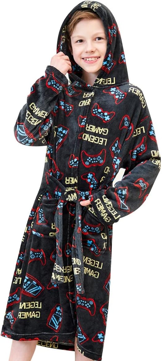 Boys Soft Hooded Bathrobe Kids Warm Gamer Fleece Robe Sleepwear