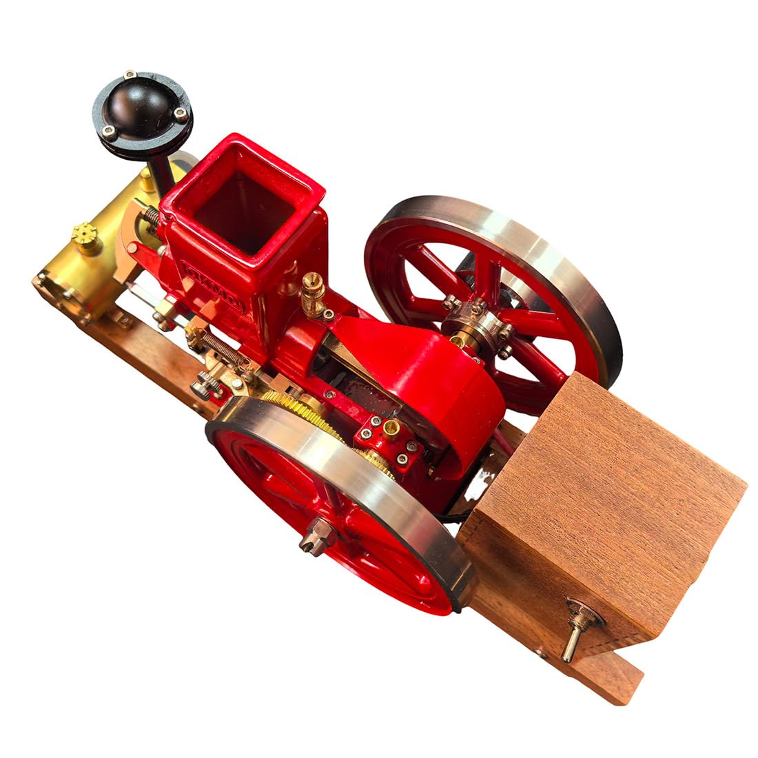 Hit und Miss Motor model, 3,6 cm³, miniaturowy, poziomy, jednocylindrowy, 4-suwowy silnik benzynowy z systemem zapłonowym i drewnianą podstawką, dekoracja silnika rolniczego w stylu vintage