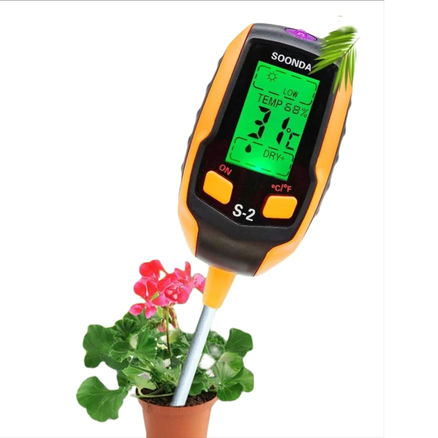 Naranja,5-en-1 Medidor de Humedad del Suelo, Digital PH Meter/Soil Moisture/Plant Temperature/Intensidad luz Solar, Pantalla LCD retroiluminada jardín, césped, Cuidado Plantas