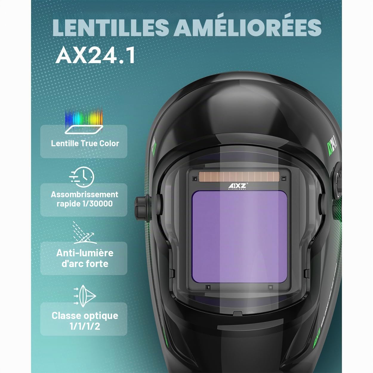 Casque de soudage AIXZ True Color, Classe Optique 1/1/1/2, Champ de Vision Optimal 9,9 x 9,7 cm, obscurcissement Automatique avec 4 capteurs d'arc (4-5/5-9/9-13) pour Masques de soudage MIG/TIG/MMA