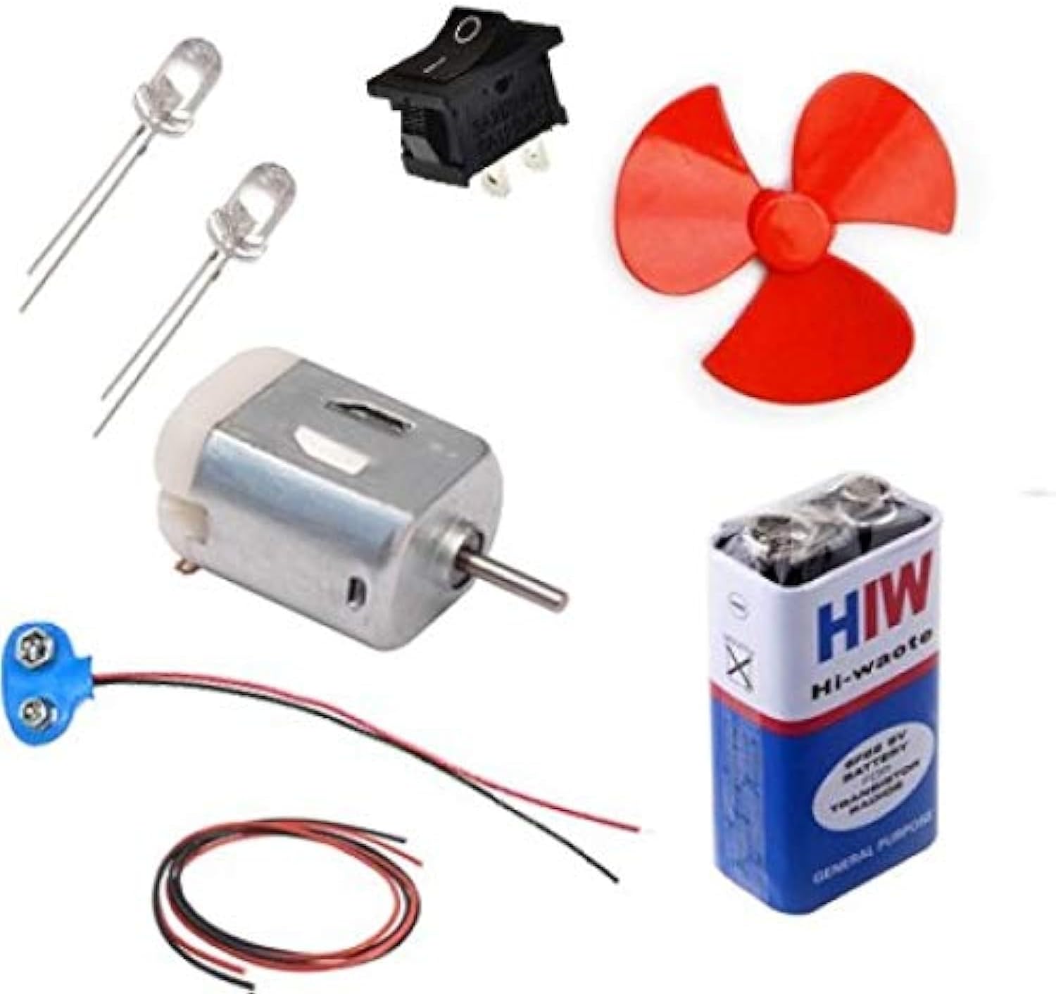 VITSZEE Experiment Kit, School-College Project (Fan Blade, DC Motor, 9V Battery, 2 LED, 1 m Wire, Battery Clipper Switch for Project, Science, DIYs) (VITSZEE Experiment KIT 1)