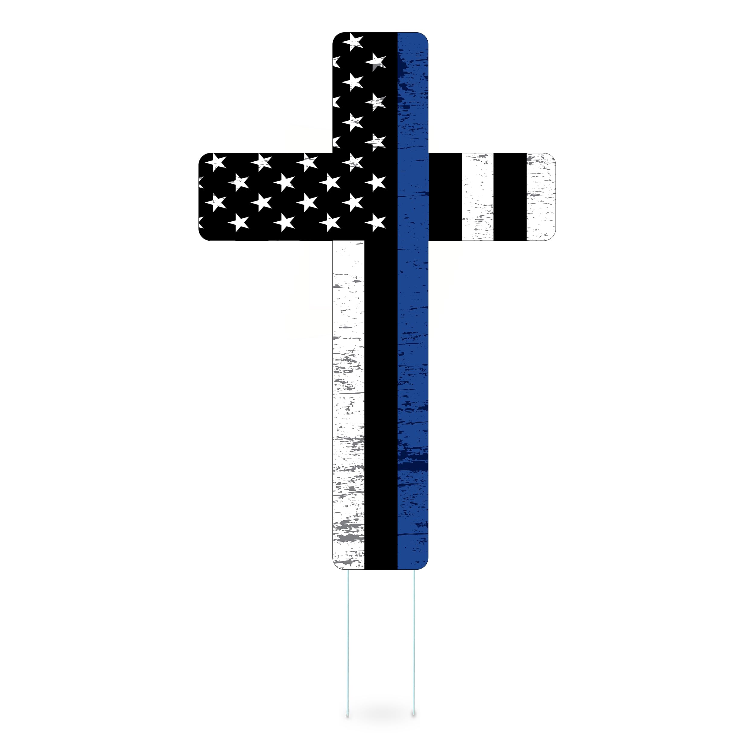USA Flag Cross Thin Blue Line Police Officer Yard Sign Double Sided With Stake - Large, 18 Inch By 12 Inch Support Law Enforcement