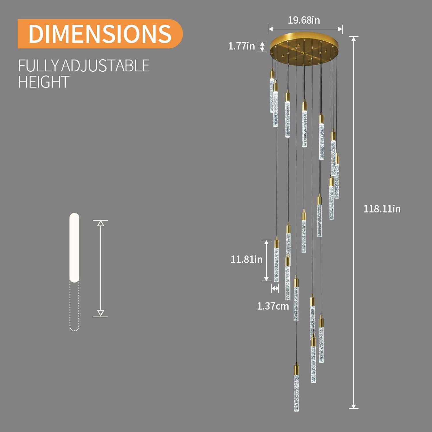 18-Light Modern Living Room Chandelier Gold Brass Finish Crystal Ceiling Pendant Lights LED Dimmable 108W 6000K Staircase Large Chandeliers for Entryway Lobby Foyer High Ceiling Chandeliers
