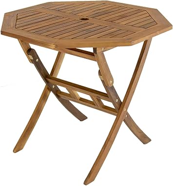 CHARLES BENTLEY FSC Hardwood Octagonal Dining Table, Folding, Space Saving, Central Parasol Hole, Acacia Hardwood, Oil Coated, Natural Colour, Garden, Patio, Family, Traditional Design, 90x90x74cm