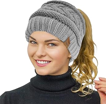 Rosoz 1&2 Packs Ponytail Beanie for Women,Winter Warm Beanie Tail Soft Stretch Cable Knit Messy High Bun Hat