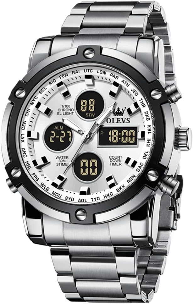 Mens Watches Multifunctional Chronograph Led Analog Digital Watch Stainless Steel Day Date Alarm Wrist Watch Gent Luminous Waterproof