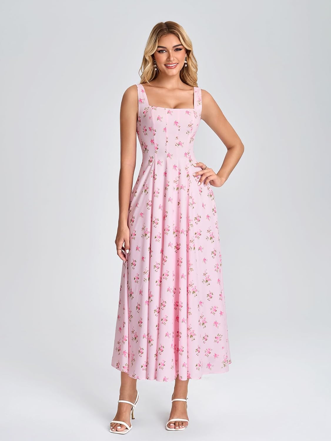 Floral Midi Dress Casual Lace Up Flowy A Line Square Neck Wedding Guest Summer Dress for Women 2026 - Image 2