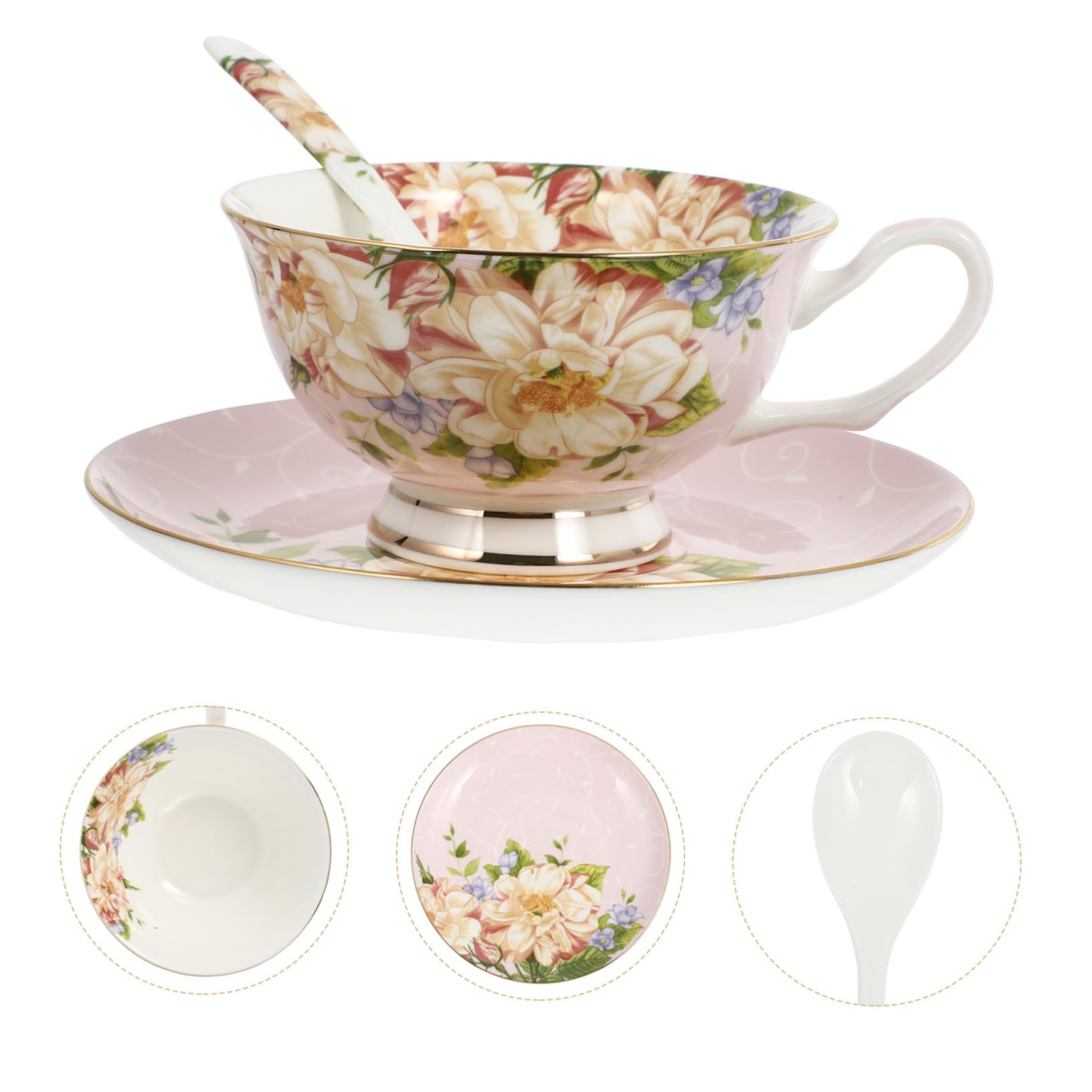 Porzellan Kaffee Und Teetasse Mit Untertasse Löffel Blumenmuster Pink Innen Für Haushalt Büro Café Geschenkset