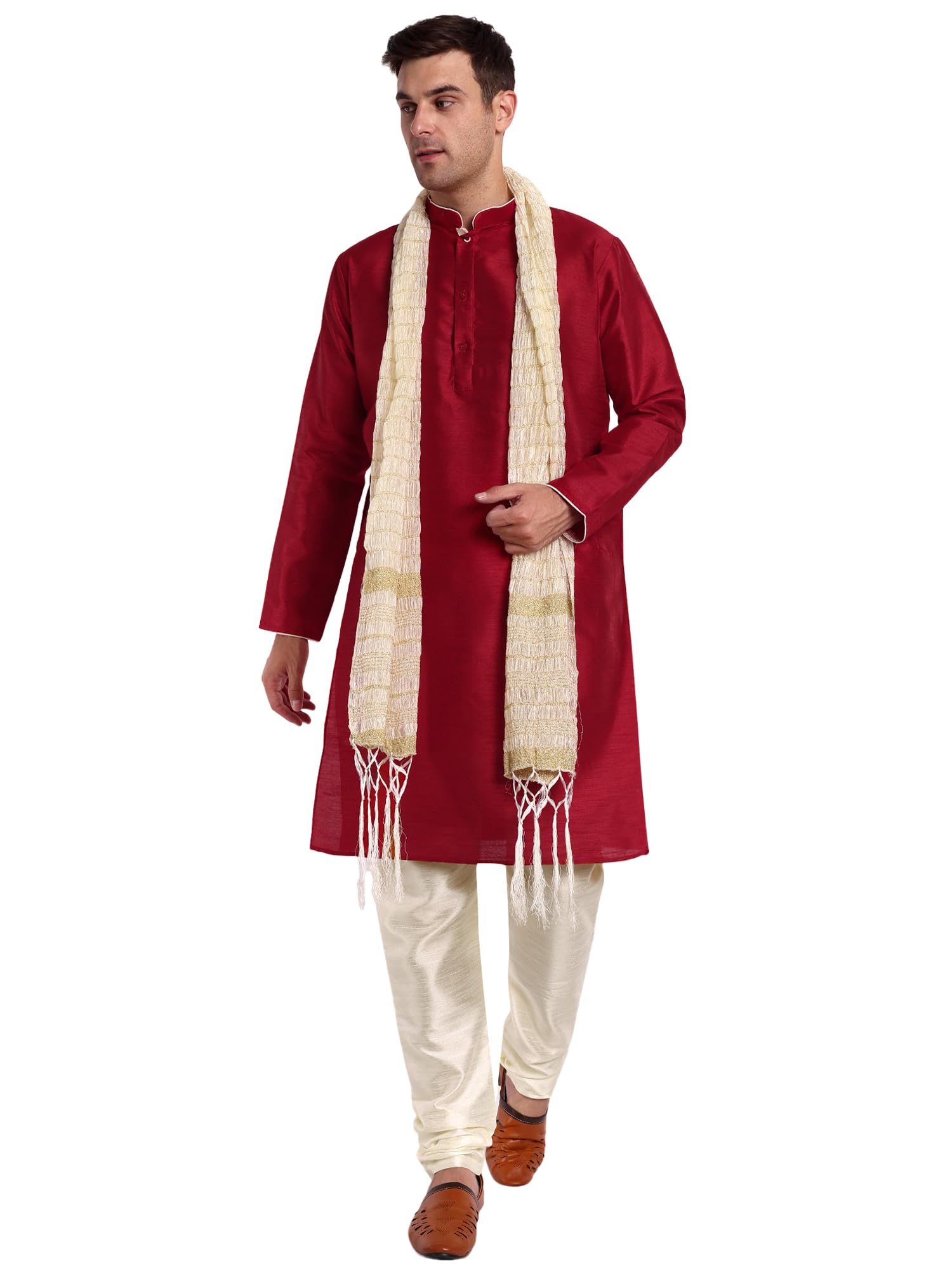 skavij Men's Dupion Silk Contrast Kurta Pajama Set with Scarf Woven Design Thread Work Ethnic Dress-picture-48