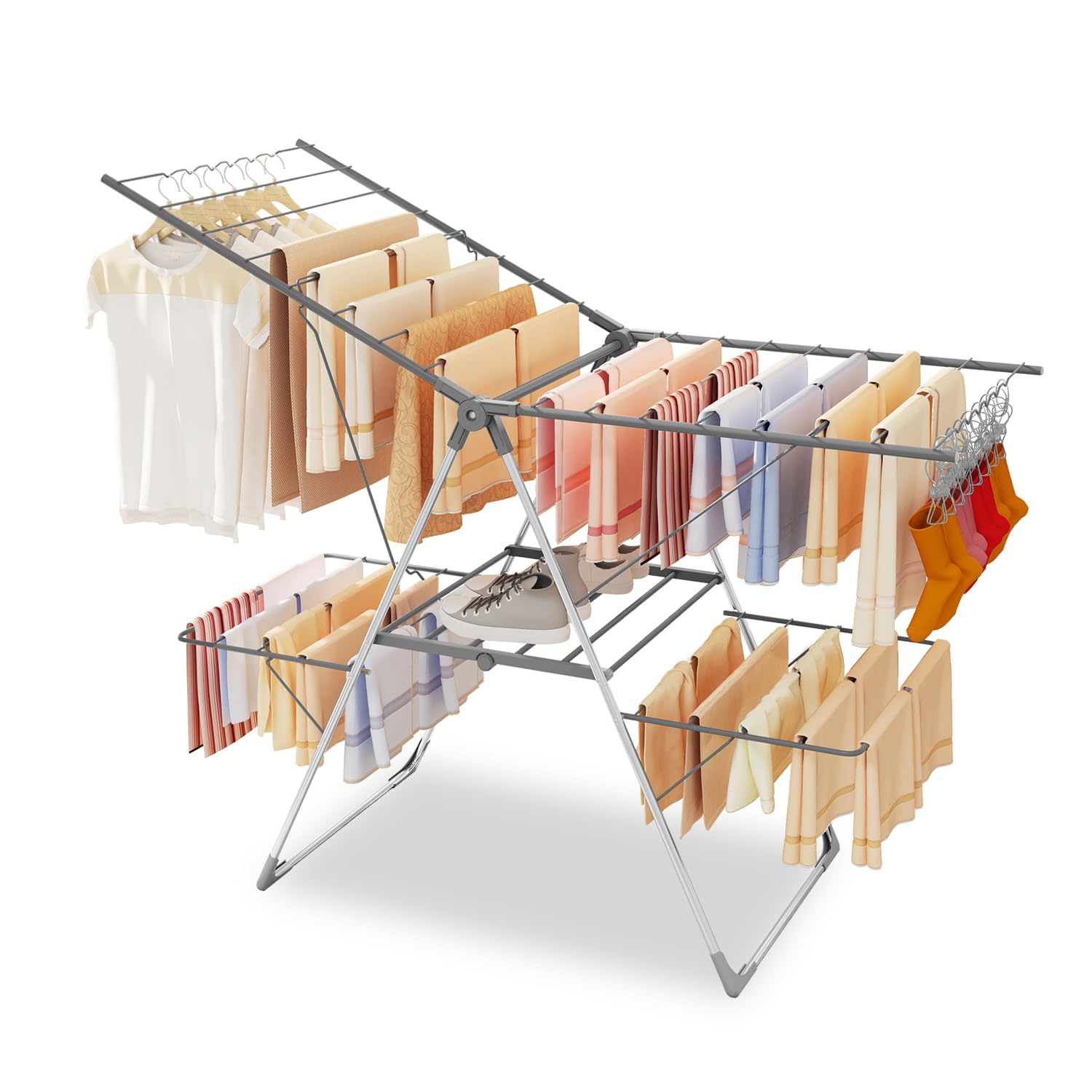 Innotic Winged Clothes Airer with 33 Rails, 141CM Foldable Clothes Drying Rack Indoor Outdoor, Stainless Steel Large Clothes Horse, 6 Height-Adjustable Laundry Dryer Stand