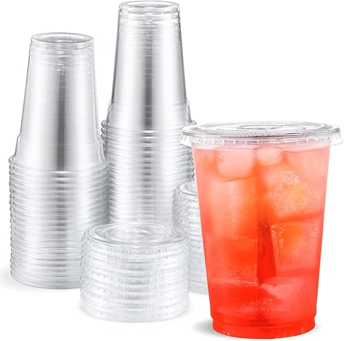 Eupako 10 onzas - 100 juegos de vasos de plástico con tapas, vasos desechables transparentes con tapas, contenedores para bebidas frías, postres,