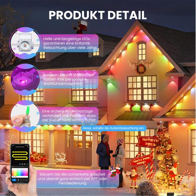 Rosnek Permanente Lichterkette Außen, 30M RGB 60 LEDs mit Alexa & Google, Smarte Weihnachtsbeleuchtung Außen mit WLAN-App funktioniert & Fernbedienung, Deko Weihnachten Draußen mit Wasserdicht & Timer