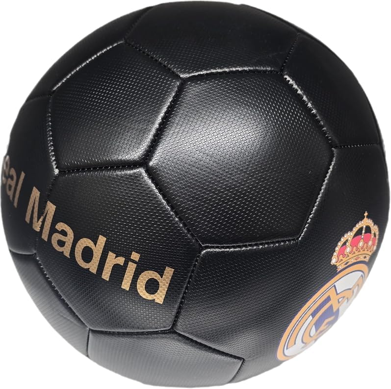 Miniatura 5 de Icon Sports Balón de fútbol negro de edición limitada del Real Madrid, con licencia oficial, tamaño 5 (tela brillante), grado S