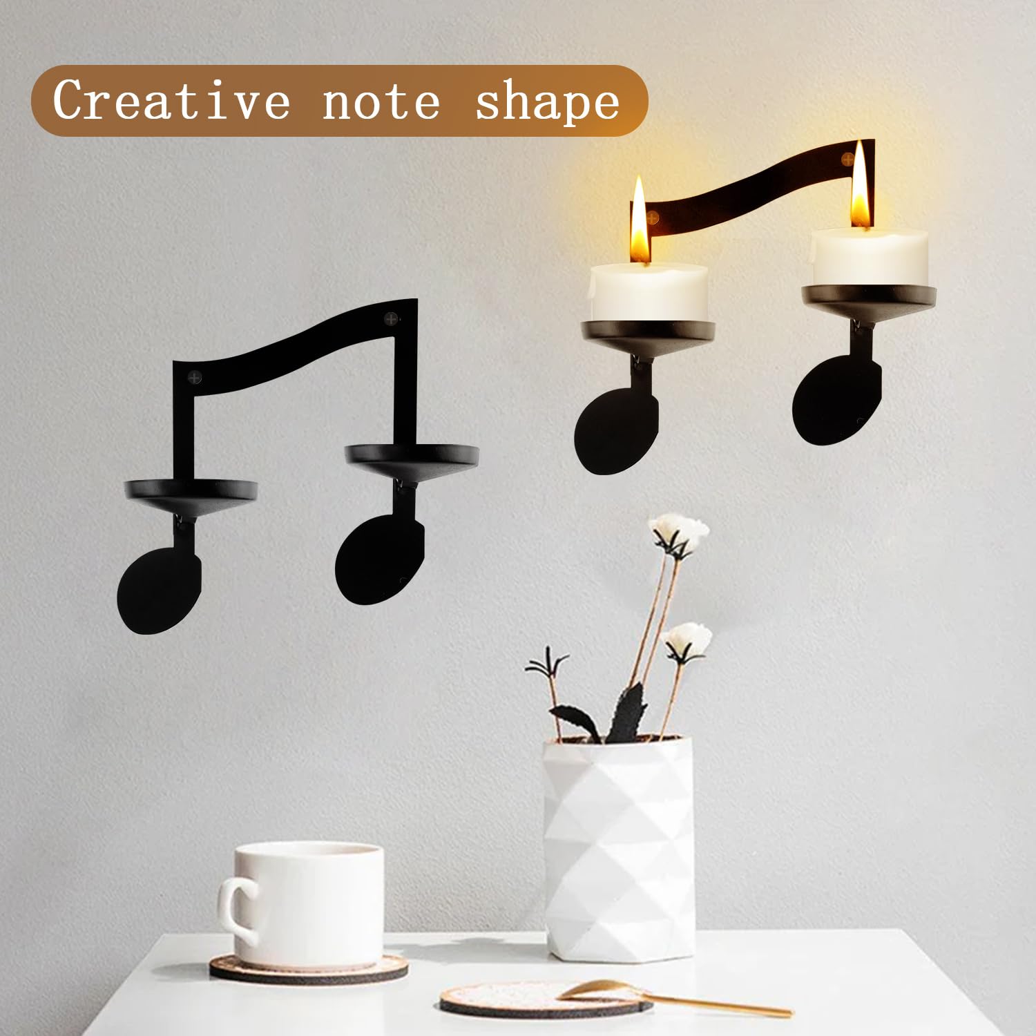 Portacandele Da Parete A Forma Di Note Musicali - Set Di 2 In Metallo Nero Per Casa E Giardino - Foto 11