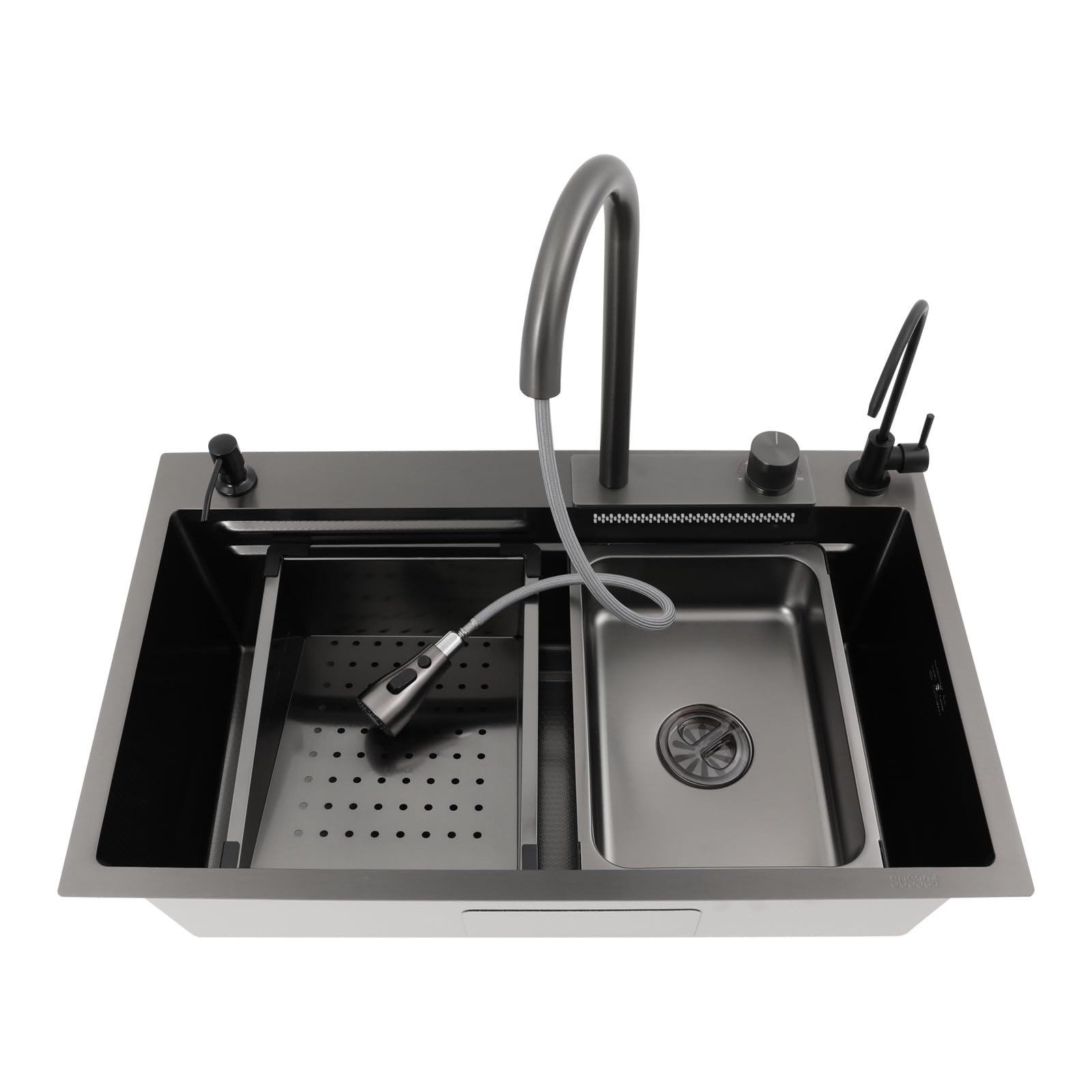 75x46x22cm Fregadero de Cocina,Fregadero de Cascada de acero inoxidable,con grifo extraíble de agua fría/caliente,escurridor,tabla de cortar,filtro de agua,Fregadero de un solo cuenco,Negro