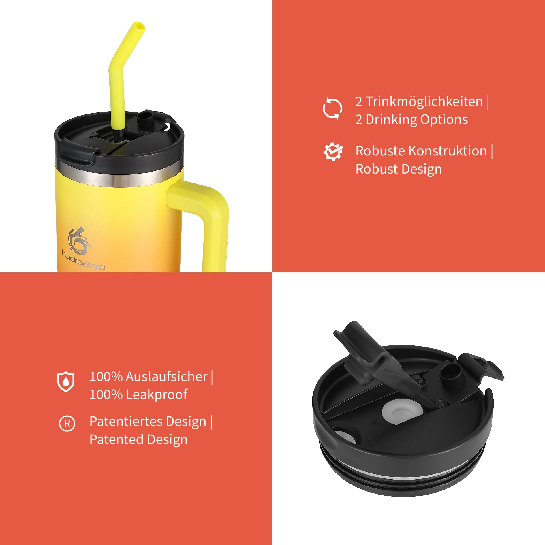 hydro2go® 1200ml/40oz Thermobecher, Kaffeebecher to Go, Isolierbecher mit Griff & Strohhalm, Reise- & Autobecher, Tumbler für Heiß- & Kaltgetränke (Sunset, 1200 ml) | thermobecher, kaffeebecher to go, isolierbecher mit griff und strohhalm, reisebecher, au