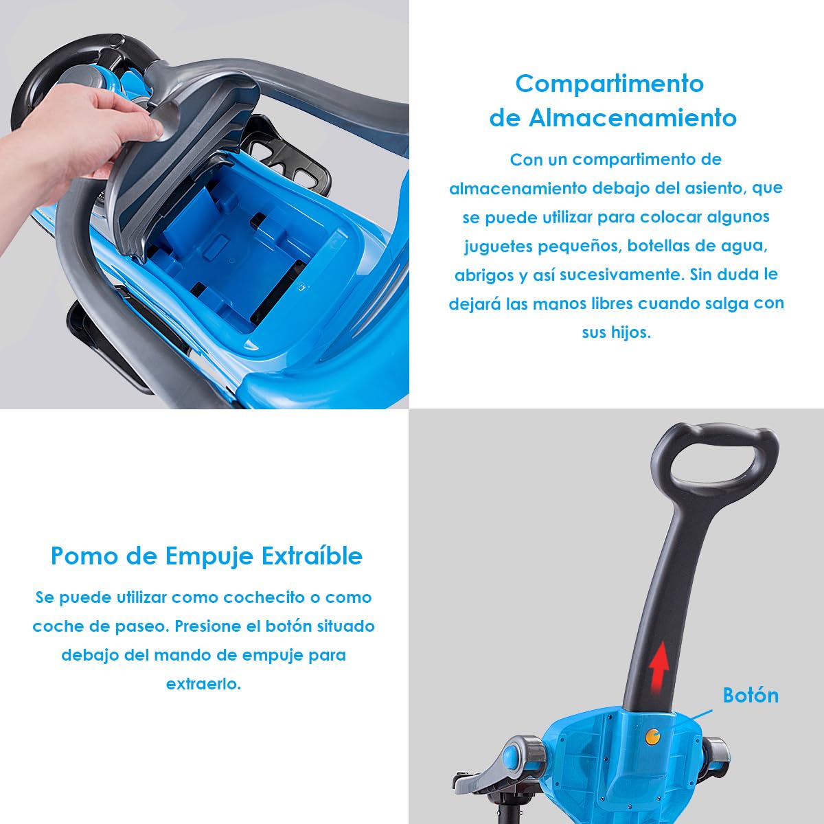 COSTWAY 3 en 1 Coche de Empuje Infantil, Coche para Niños de Pie con Barandillas Desmontables y Asa, Bocina, Espacio de Almacenamiento Oculto y Diseño Antivuelco para Niños de 2 a 6 Años (Azul)