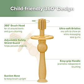 haakaa 360 Baby Toothbrush with Suction Base - Gentle Cleaning for Toddler\'s Self-Brushing Training, Food-Grade Silicone, Adjustable Safety Shield - Mustard (1 Piece)
