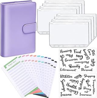 PU Notebook Binder Planejador de Orçamento Capa de fichário com bolso de fichário Sistema de envelopes de orçamento de dinheiro pessoal Pasta com zíper de 6 furos (capa roxa com folha transparente, A6)
