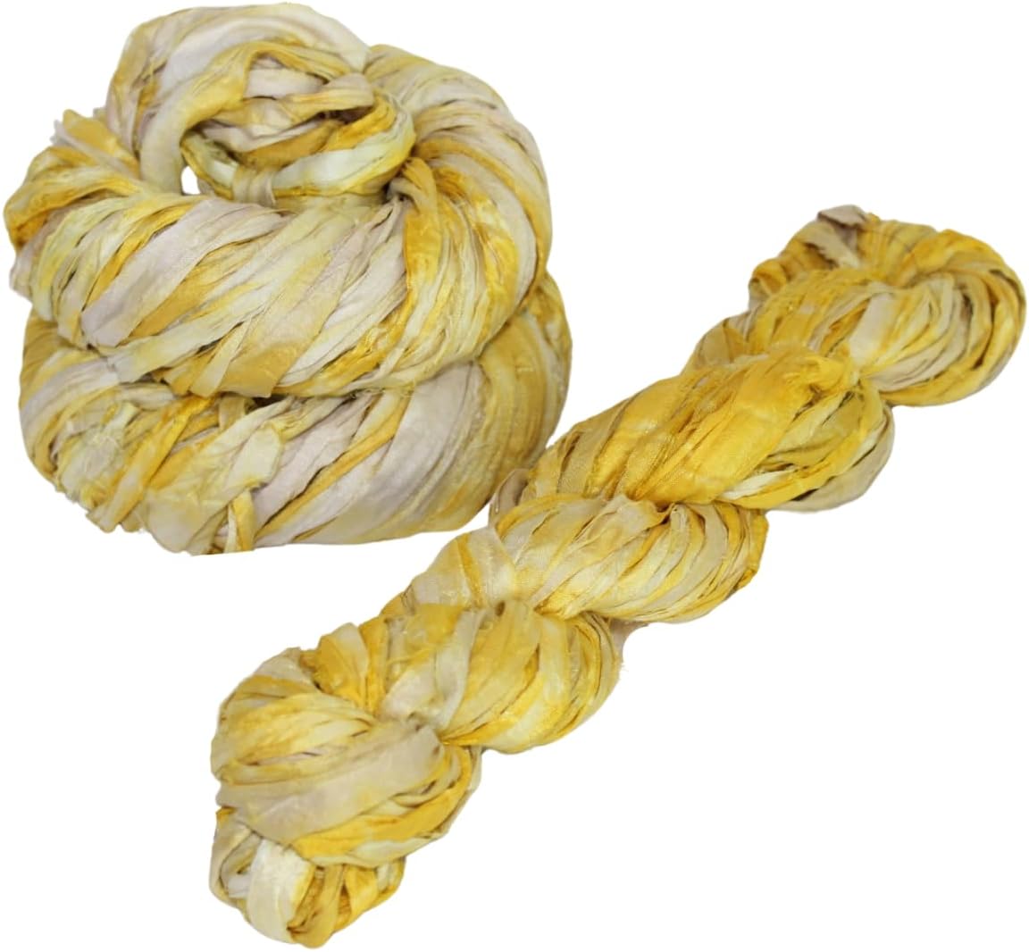 Knitsilk Recycled Shibori Sari Silk Ribbon Yarn- Great for Rug Making, Crochet, Knitting, Embroidery, and Jewelry Making |Sustainable and Unique Texture Ribbon Yarn | 50 GMS-30 Yards-Yellow |