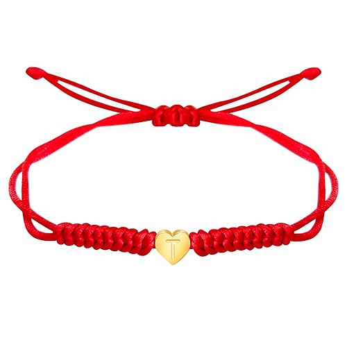 Vista 41 de Dainty Gold Heart Love Charm Initial Bracelet Black Pink Red String Rope Letter Bracelet for Girls Boys Women Men Christmas Gift (Red, J)