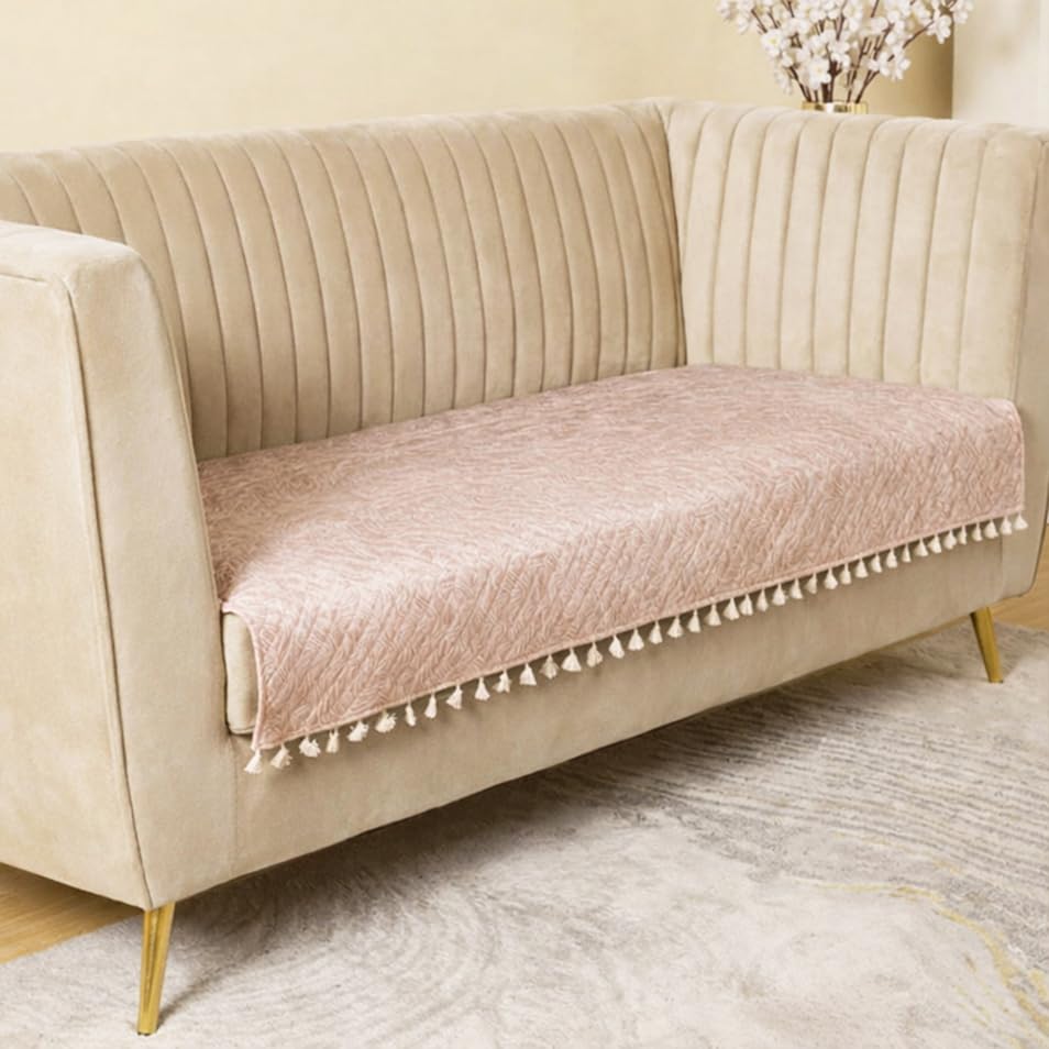 Image of HOMEMONDE 2 Seater Quilted Velvet Printed Sofa Cover with Tassels |Soft, Durable & Premium Fabric with Tassels | Sofa Cover Mats for Living Room, Bedroom & Office (76 X 122 CM, Opaline Drift)