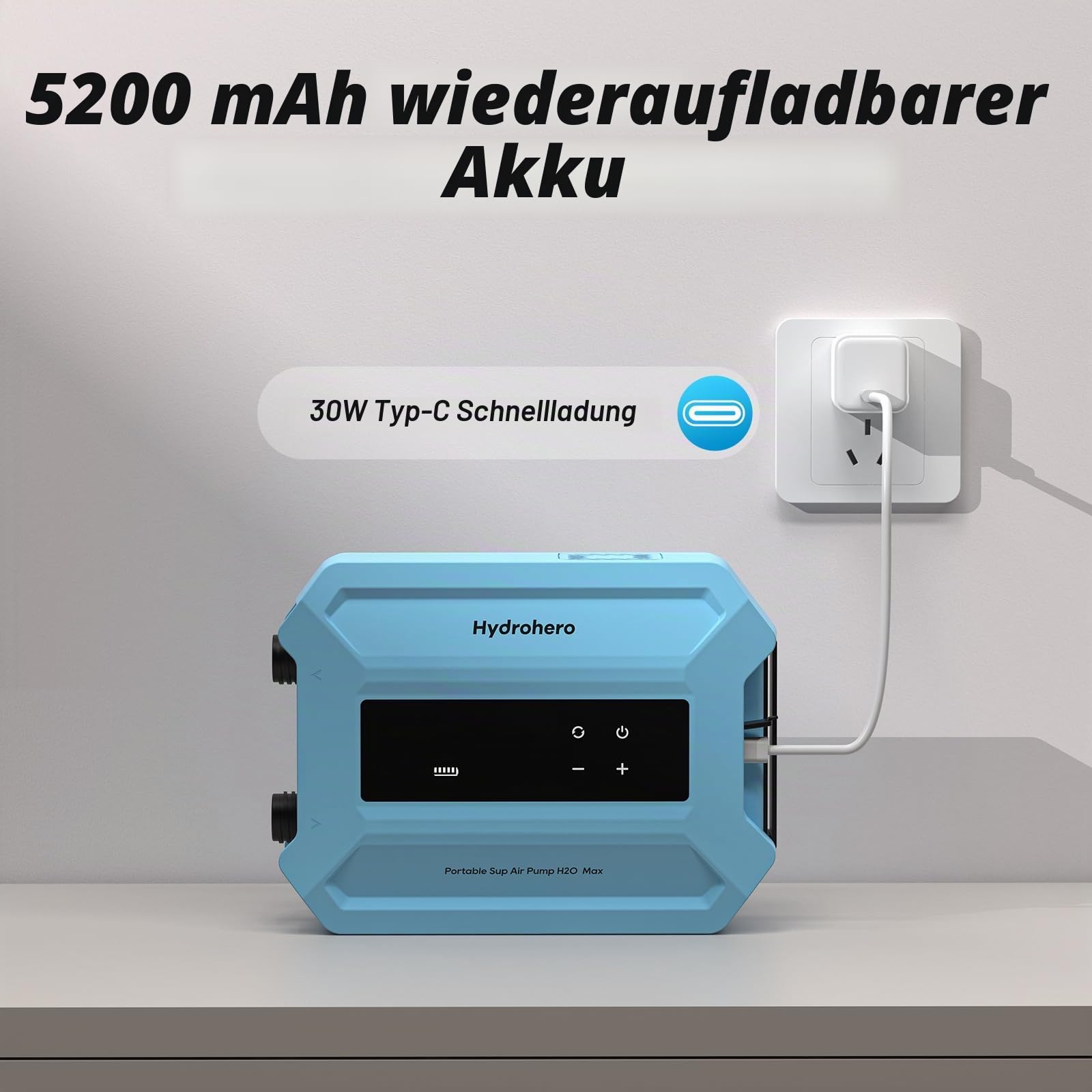 Hydrohero Elektrische SUP Pumpe, 20 PSI SUP Pumpe, 96,2Wh Akku | 4 Min. bis 12 PSI, 1,6 kg Leichtgewicht, 96,2Wh Akku, 2-stufig Aufpumpen & Entleeren, 7 Düsen, Aufbewahrungstasche, für SUPs