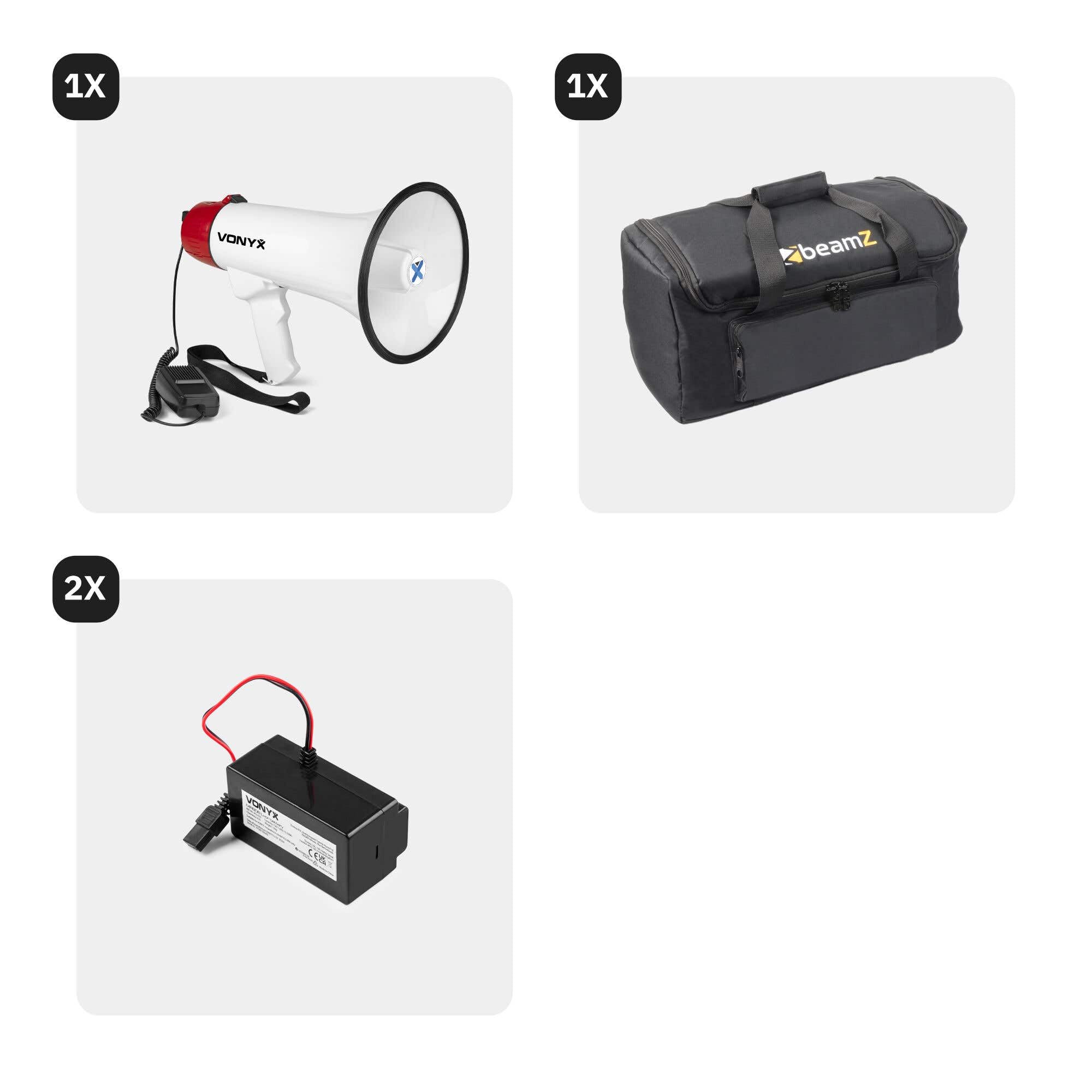 Vonyx MEG045 - Megáfono de 45W con Dos baterías adicionales y Bolsa de Transporte - Bluetooth, USB, Micro SD, grabación, Sirena, Alcance 1000m - Ideal para Eventos, Deportes y manifestaciones