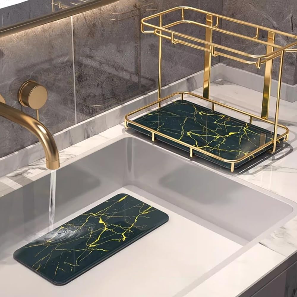 Mensole da bagno Organizer da bagno a 2 livelli, organizer for profumi e trucchi di lusso, vassoio for lavabo in ceramica di marmo con struttura in acciaio inossidabile dorato Organizzatore per la doc