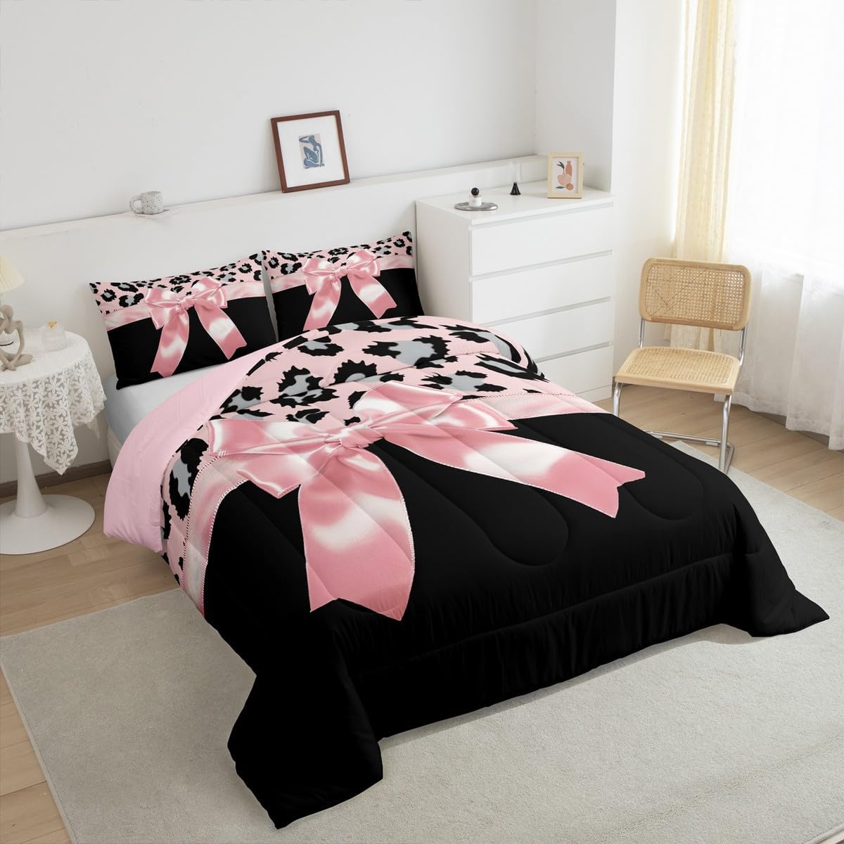 jejeloiu Pink Silk Bowknot Duvet Cover Full Size Grey Leopard Bedding Set for Kids Girls Women Black Pink Comforter Cover Set Sweet Romantic Bedspread Cover 3Pcs