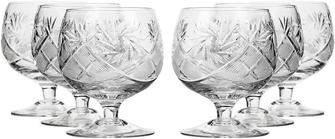 European Hand Cut Crystal Cognac Brandy Whiskey Snifters Goblets, Handmade Glassware Glasses 10 Oz Set of 6
