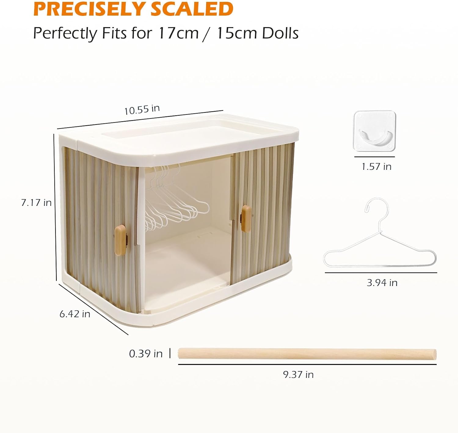 Stackable Doll Closet Wardrobe for Labubu Dolls, Foldable Storage Organizer with Sliding Doors for 17cm 15cm Dolls Includes 10 Metal Hangers & Wooden Rod