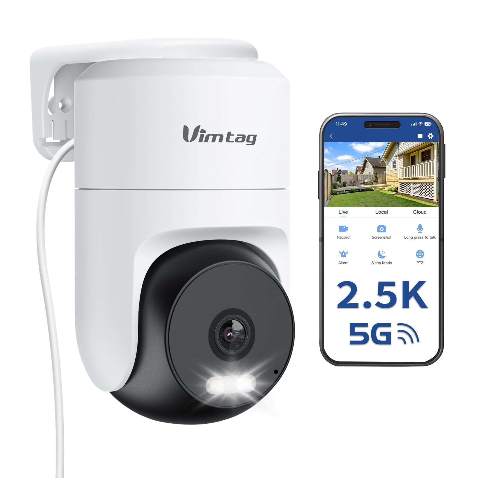 VIM TAG 2,5K Überwachungskamera Aussen, 5G WLAN Kamera Überwachung Außen,360°PTZ-Außenkamera mit Farbige Nachtsicht,Aussenkamera für PIR-Bewegungserkennung, 2-Wege-Audio, IP66,Alexa,Cloud/SD Card