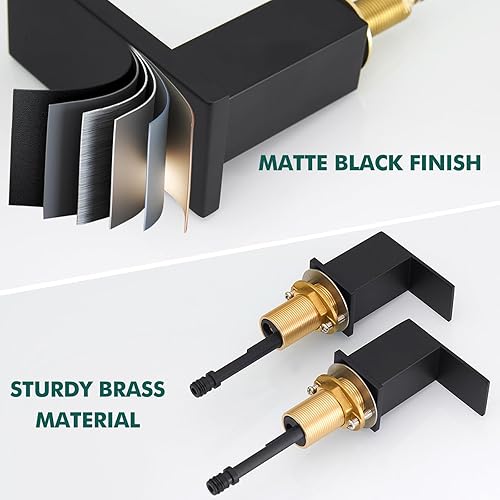 Miniatura 5 de Hoimpro Grifo de lavabo de baño en cascada de 8 pulgadas, grifo de baño negro mate de dos manijas con manguera de suministro cUPC, grifo de 3